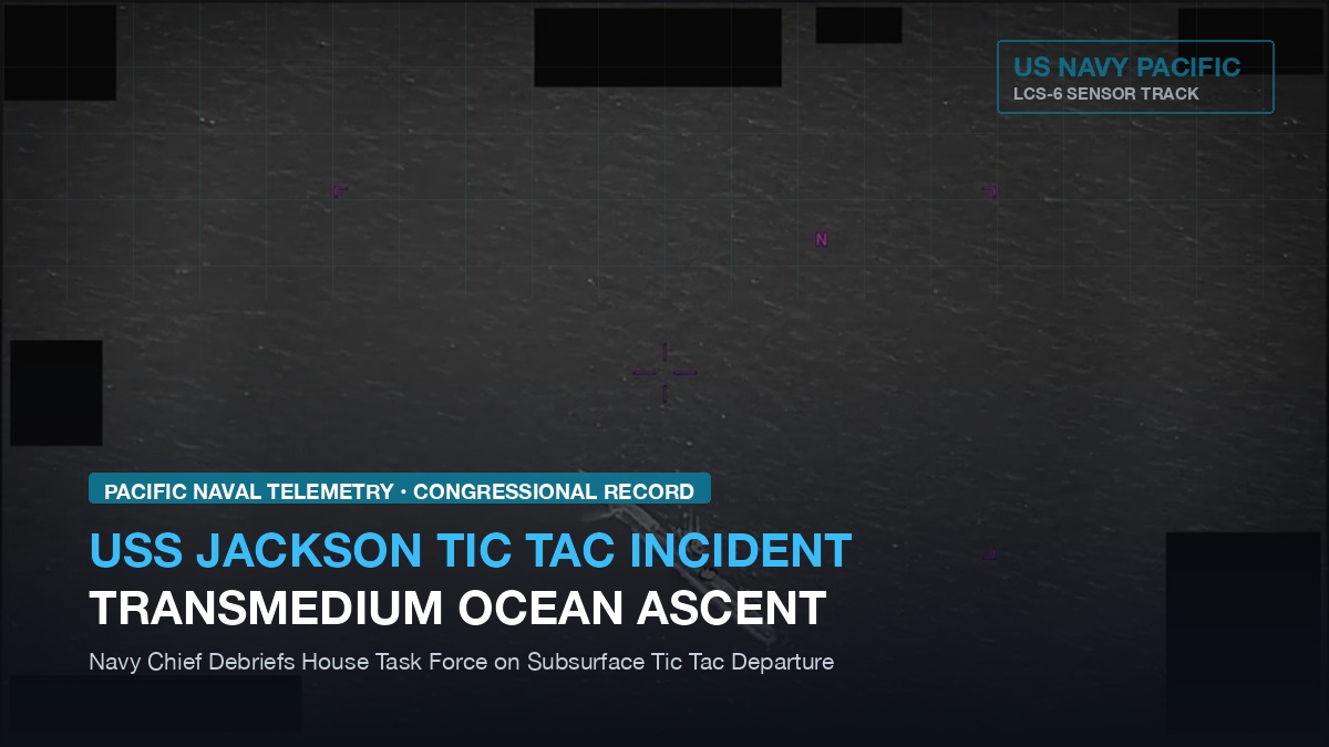Naval sensor track and Pacific radar scope showing anomalous transmedium craft rising beside USS Jackson
