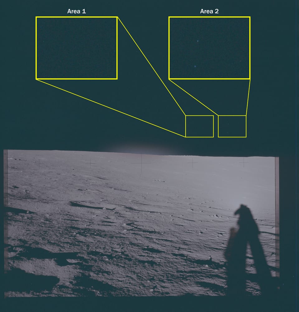 NASA Apollo 12 lunar image record with highlighted areas of interest.